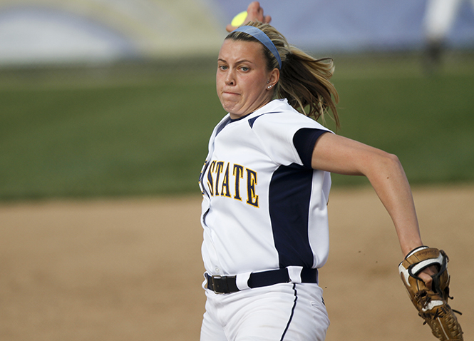 Sophomore pitcher Emma Johnson throws a pitch during the first game of a doubleheader against Penn State on April 25, 2012. Kent State beat Penn State 11-3. Photo by Anthony Vence.