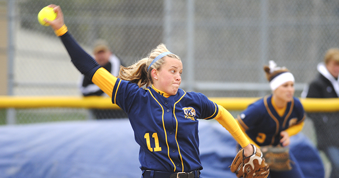 Freshman pitcher Emma Johnson wound up for a pitch during the Flashes game against Eastern Michigan on Saturday, March 31, 2012. Kent State won with a final score of 6-1. Photo by Jenna Watson.