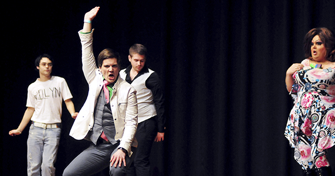Delta Lambda Phi performs gaymes Bond, their own rendition of James Bond complete with the damsel in distress in drag. Every fraternity and sorority performed an act at the Delta Zeta Lip Sync event on Saturday, Mar. 2 in the KSU ballroom. Photo by Rachael Le Goubin.