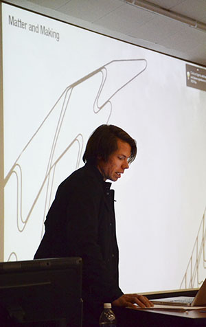 Wes McGee, a lecturer in Architecture and the Director of the FABLab at the University of Michigan, spoke with students on the use of robotics in design. He spoke on Thursday in Bowman Hall. Photo by Zane Lutz