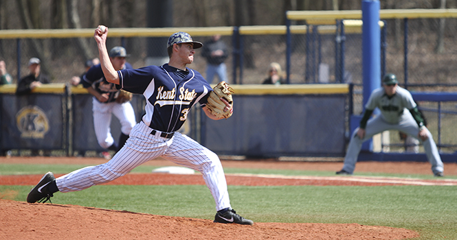 Sophomore Dan Kopcak pitches on Saturday, April 6 during a 6-3 home loss to Ohio, dropping Kent States record to 13-15 on the season. Photo by Shane Flanigan.