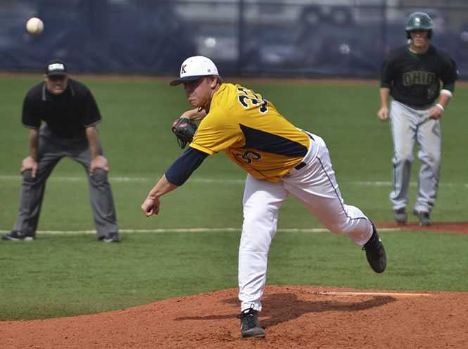 Sophomore pitcher Brian Clark pitches to Ohio University at Kent States game on Sunday, Aril 7. The Flashes won 10-3. Photo by Chloe Hackathorn.