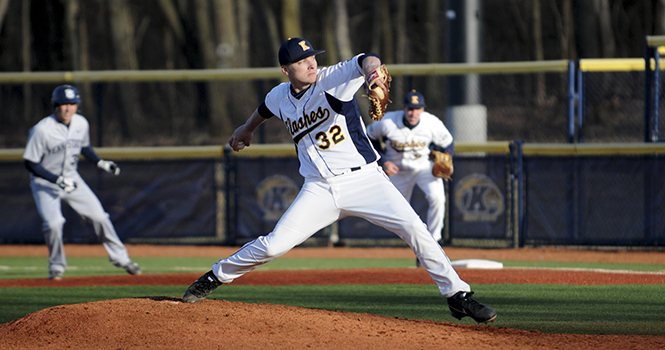 Freshman pitcher Nick Jensen-Clagg pitches in the baseball game against Penn state on Wednesday Apr. 3. The flashes won 10-0. Photo by Rachael Le Goubin.