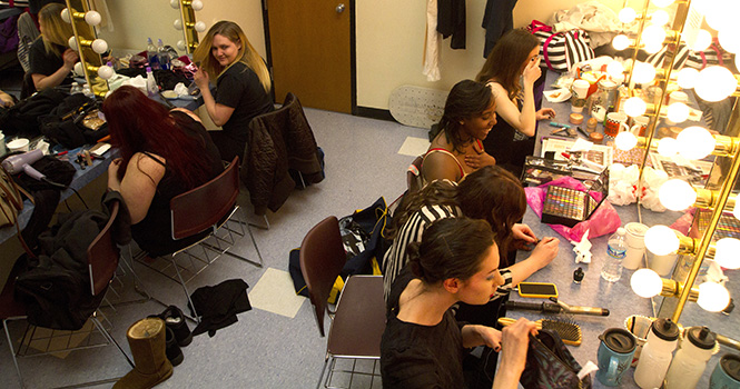 Kent State Stark students get ready in their dressing room on the opening night of Voices from Hurt Street, April 12. Photo by Chelsae Ketchum.