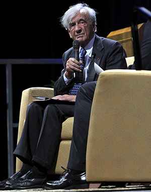 Professor and Holocaust survivor Elie Wiesel speaks on April 10 in the MACC about his life and his experiences during the Holocaust. Wiesel is a professor at Boston University and a published author best known for his memoir, Night. Photo by Adrianne Bastas.