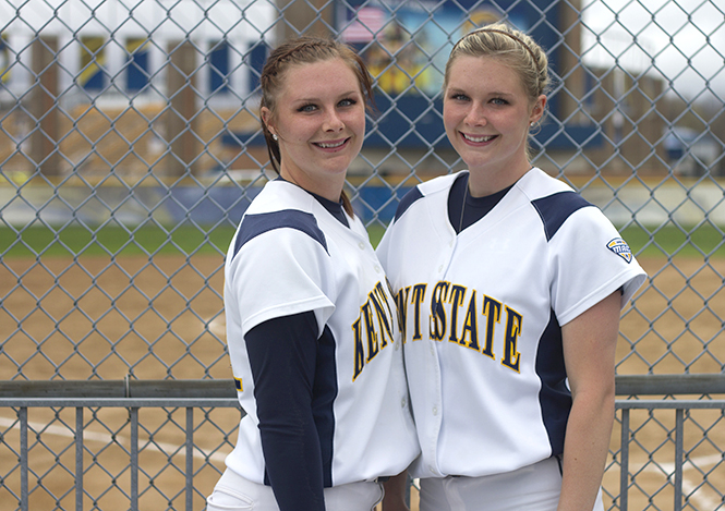 Freshmen softball twins Chloe and Lauren Kesterson before their game against Northern Illinois, Friday, April 19, 2013. Photo by Chelsae Ketchum.