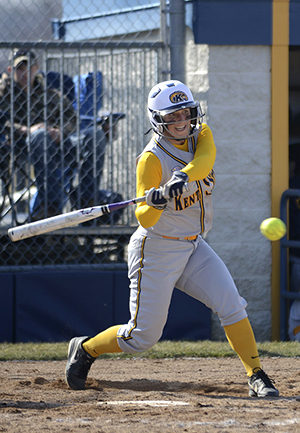 Junior infielder Abbey Ledford bats for Kent State during a double header against University of Akron on Saturday, March 30. Kent State defeated Akron in both games, the first with a final score of 2-1 and the second with a final score of 5-3. Photo by Jenna Watson.