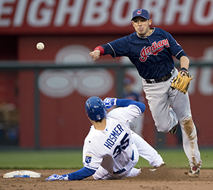 Cleveland Indians shortstop Asdrubal Cabrera, right, forces the Kansas City Royals Eric Hosmer (35) at second and completes the double play at first to end the third inning on Saturday, April 27, 2013, at Kauffman Stadium in Kansas City, Missouri. (John Sleezer/Kansas City Star/MCT)