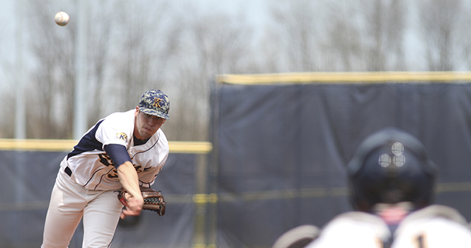 Junior Tyler Skulina delivers the pitch during a 3-1 home win over Bowling Green on Saturday, April 27. Skulina allowed five hits and one earned run while striking out nine in the game, notching his third victory of the season. Photo by Shane Flanigan.