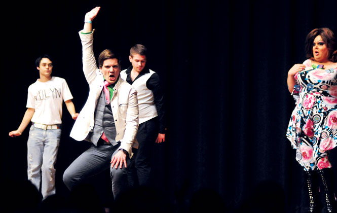 Delta Lambda Pi performs Gaymes Bond, their rendition of James Bond complete with a drag queen in distress. Every fraternity and sorority performed an act at the Delta Zeta Lip Sync event on March 2 in the KSU Ballroom. Photo by Rachael LeGoubin