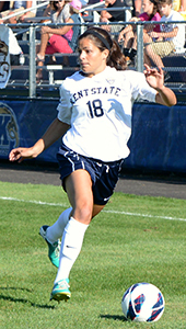 Junior midfielder Calli Rinicella prepares to make a long punt across the field at Kent States winning game against St. Bonaventure Aug. 23, 2013. The Flashes will take on Cleveland State Friday at 4 p.m. at Zoeller Field. Photo by Leah Klafczynski