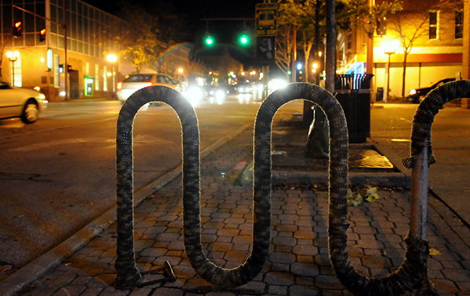 The quirky knitted bike rack is a well known piece of art in downtown Kent. Plans are in effect to expand a public art collaboration between the city of Kent and the university to add additional public art to the community. Photo by Rachael Le Goubin.