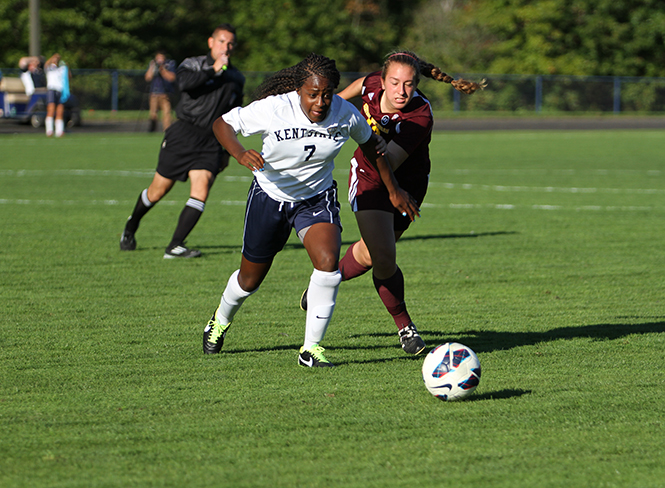 Senior Guard Katherine Lawrence keeps the ball away from Central Michigan at home on Friday Sept. 27, 2013. The soccer team will travel to Buffalo to play today and will go against Akron at home on Sunday. Photo by Erin Mclaughlin.