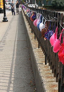 Artist Amy Mothersbaugh of the Celtic Club displays bras from the Main Street bridge near the Pufferbelly for the fourth year to raise breast cancer awareness, October 3. Photo by Chelsae Ketchum.