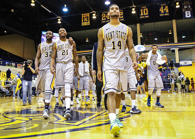 The Flashes exit the court after a 72-59 win over Western Carolina in the MACC Thursday night, Nov. 21, 2013. Photo by Tim Dorst.