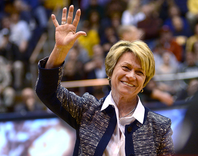 Kent State president-elect Dr. Beverly Warren waves to fans at the Kent State vs. Ohio University basketball game Wednesday, Jan. 8, 2013. Warrens presidency will become effective in July, replacing outgoing President Lefton.