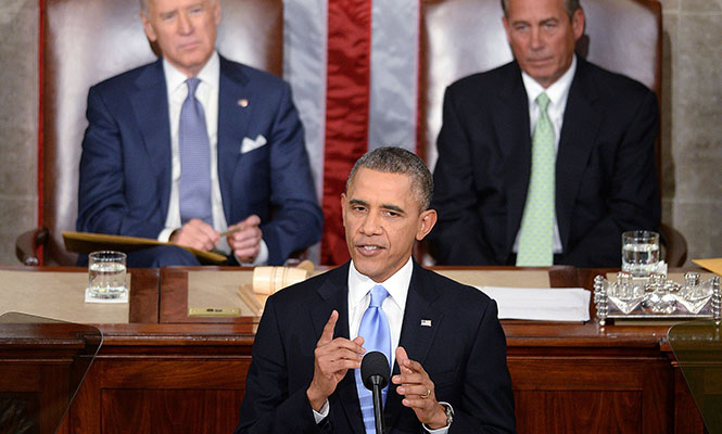 President Barack Obama gives his State of the Union address during a joint session of Congress on Capitol Hill in Washington, D.C., Tuesday, January 28, 2014. (Olivier Douliery/Abaca Press/MCT)