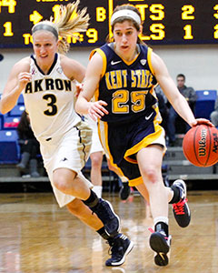 Sophomore guard Rachel Mendelson drives the ball for Kent State at  the University of Akron, Saturday, Jan. 18, 2014. Kent State lost the game, 51-77.