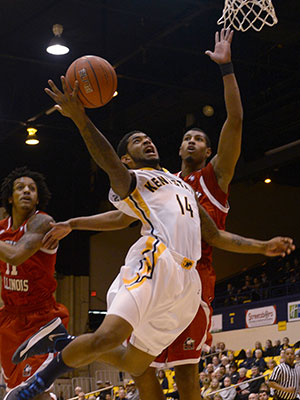 Kent State sophomore K.K Simmons attempts to score in the game againt North Illiniois on January 29, 2014. Kent State lost the game in the final minutes, 50-49.