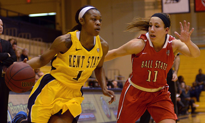 Senior guard Ashley Evans defends the ball against Ball State at the game Sunday, Feb. 2, 2014. Kent State won the game 60-57.