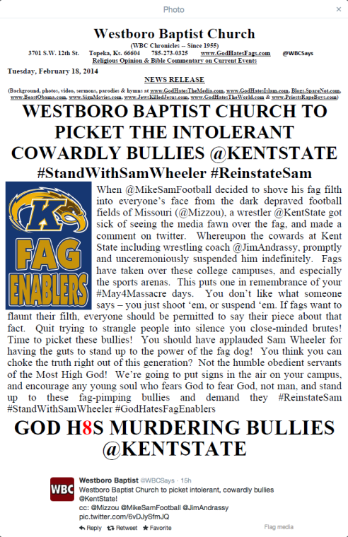 The Westboro Baptist Church tweeted a statement Tuesday about plans to picket Kent State over suspending junior wrestler Sam Wheeler over anti-gay tweets.
