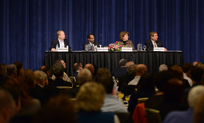 Four Kent business managers: Matt French, Albert Green, Robin Killbride and Nicholas Sucic (from left to right) speak on a panel at the Bowman Breakfast Tuesday, March 18, 2014. Photo courtesy of Bob Christy.