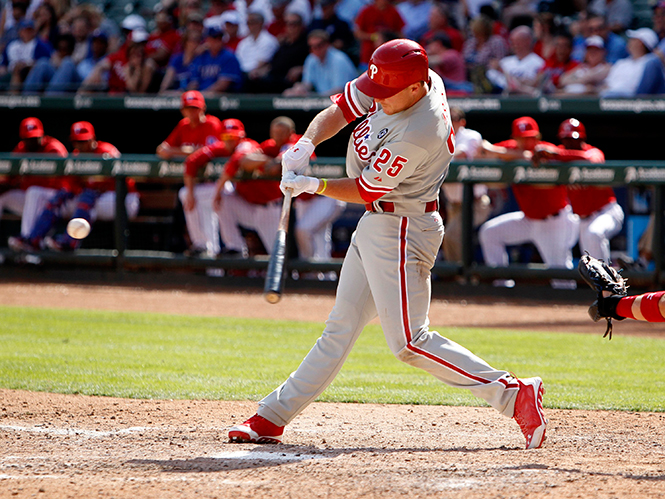 Philadelphia Phillies Cody Asche on his solo homerun in the eighth inning. The Phillies beat the Texas Rangers 14-10, at the Globe Life Park in Arlington, Texas on opening day, Monday, March 31, 2014. (Ron Cortes/Philadelphia Inquirer/MCT)
