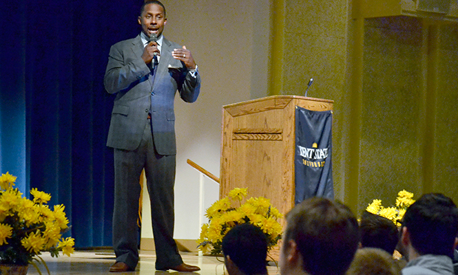 Gameday anlyst and 1991 Heisman Trophy winner Desmond Howard speaks at the second annual M.A.L.E. Innitiate Conference in the Student Center on Saturday, March 8, 2014. Howard spoke about his experiences in college and wanted young men to understand that it makes you smarter, not dumber, to ask for help and use the reasources available.
