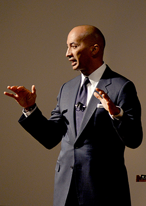 Byron Pitts, ABC national news anchor, speaks to an audience about the importance of embracing diversity in todays society in the Kiva, Monday, March 31, 2014. Pitts was awarded the 2014 Robert G. McGruder Lecture Award.