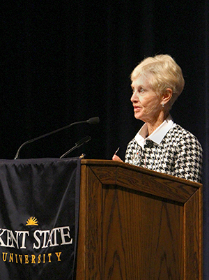 Judith Jones speaks to attendees of the Spirit of Women in Business Conference after accepting the 2014 Spirit of Women in Business Award, Wednesday, March 05, 2014, in the student center ballroom.