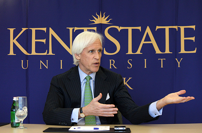 Best-selling author Robert Edsel speaks at a press conference prior to his presentation at Kent State-Stark, Monday evening, April 7, 2014. Edsel spoke about the process of translating his book, The Monument Men into a film.