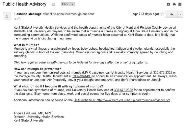 Kent State University Email About Mumps