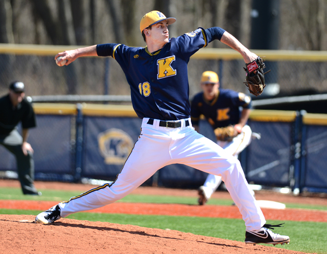 Junior John Birkbeck pitches the ball against Oakland University in the doubleheader game at Schoonover Stadium, April 1, 2014.