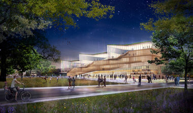 A rendering of the future College of Architecture and Environmental Design building. Rendering courtesy of Weiss/Manfredi.