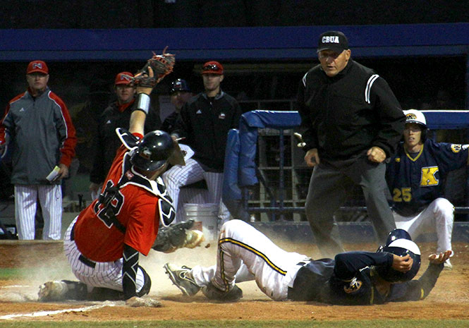 Junior infielder Sawyer Pollen is tagged out trying to score the game tying run with two outs in the bottom of the ninth at the game against Northern Illinois Saturday, May 3, 2014. The Flashes lost 6-5.