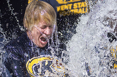 President Warren reacts as a bucket of ice water is dumped over her head as part of Kent State's response to the ALS Ice Bucket Challenge Tuesday, August 19, 2014.