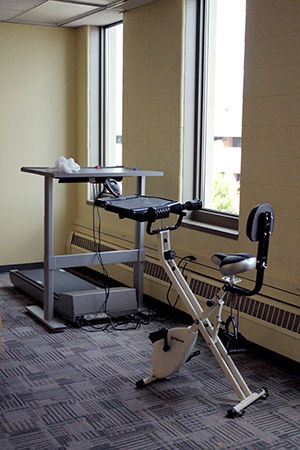 The fourth floor of the library has added a walking treadmill and stationary bicycle for student use while studying.