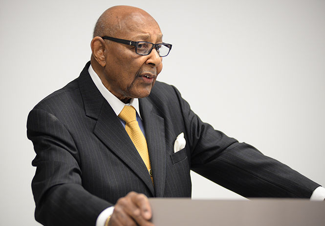 Louis Stokes, former Congressman and Kent States current Presidents Ambassador, spoke to sociology and justice majors Wednesday, Sept. 17, 2014 about his involvement in the Terry v. Ohio case that he argued in the U.S. Supreme Court in 1968. He related this court case to recent events involving police brutality such as Ferguson.
