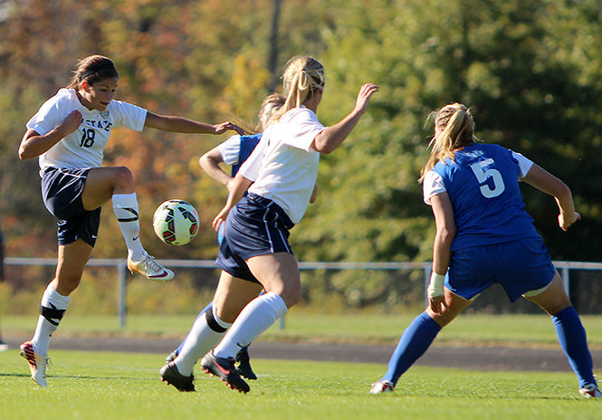 Forward Calli Rinicella receives a pass during the soccer game against the University at Buffalo on Friday, Sept. 26, 2014. The Flashes lost, 2-0.