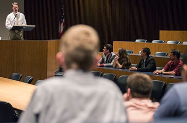 RACHAEL LE GOUBIN / THE KENT STATER Ohios Secretary of State Jon Husted speaks to members of Kent States College Rebublicans Friday, Sept. 5, 2014 about his plans to make voting in Ohio more honest.