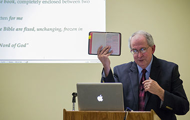 Robert Fowler, Ph.D., a Professor of Religion at Baldwin Wallace University, speaks in the Student Center on Monday, September 6, 2014 about media influence on readers understanding of the bible throughout history. Fowler said, Electronic media allows old media, like the bible, to exist in many new ways never thought possible.