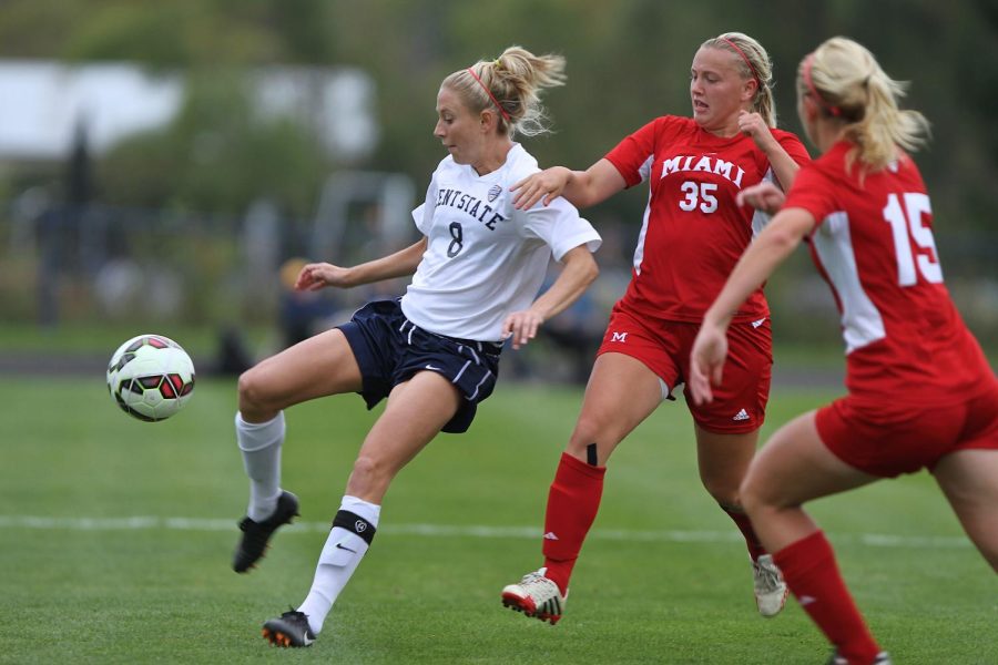 Alyssa Meier, Kent State redshirt senior defender, fights for possession of the ball at the game against Miami University Friday, Oct. 10, 2014. The game ended in a tie, 1-1.