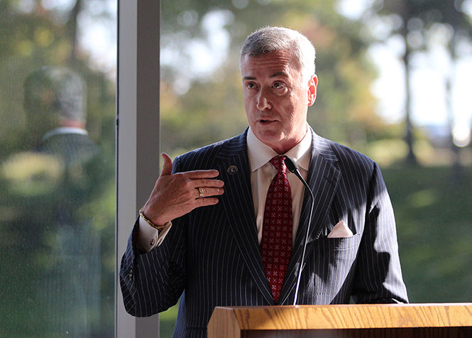 John Crawford, dean of the College of Arts, speaks about the launch of the new Center for the Visual Arts building in the Cartwright Hall Atrium on Thursday, Oct. 9, 2014.