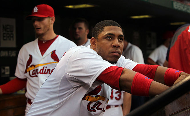 The St. Louis Cardinals Oscar Taveras looks to the field before action against the Milwaukee Brewers on Friday, August 1, 2014, at Busch Stadium in St. Louis. (Robert Cohen/St. Louis Post-Dispatch/MCT)