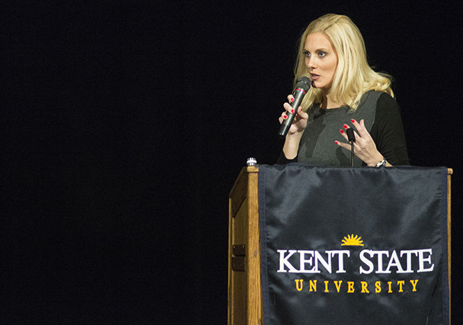 Katie Hnida, the first woman to ever score in an NCAA Division 1 football game, speaks in the Student Center Ballroom on Wednesday, Oct. 29, 2014 about her experiences with sexual harassment and rape. Hnida played for The University of Colorado Boulder after a successful highschool career as a kicker, but after constant sexual harrassment left the team and ended up at The University of New Mexico, where she made NCAA history.