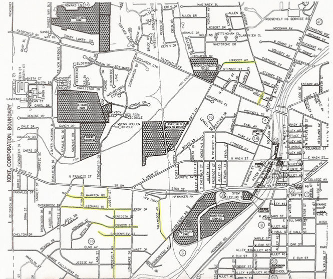 A map of the city of Kent with roads to be repaired highlighted in yellow.