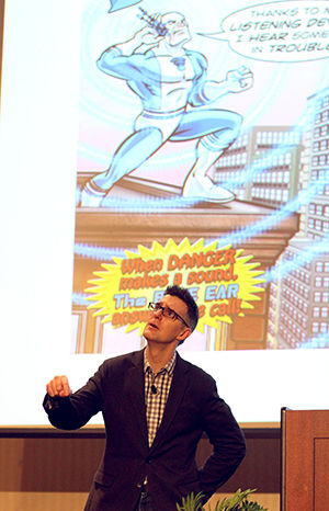 Bill Rosemann, creative director of Marvel Comics, spoke Wednesday, Nov. 19, 2014 at Kent State Stark about how superheroes set an example for how people in society can channel their talents to do good without wanting anything in return.