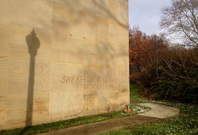 Kent State Fashion School located at Rockwell Hall was vandalized with message reading sweat-shop slave styles trending.”