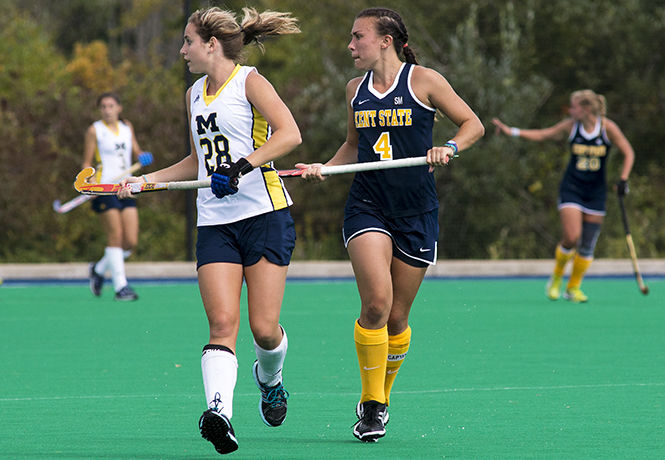 Forward Hannah Faulkner anticipates the ball at the game against the University of Michigan on Saturday, Sept. 21, 2014