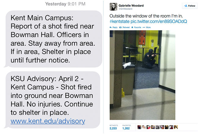 Flash Alerts and an example of a student’s tweet from the event last April when a shot was fired on Kent State’s campus.
